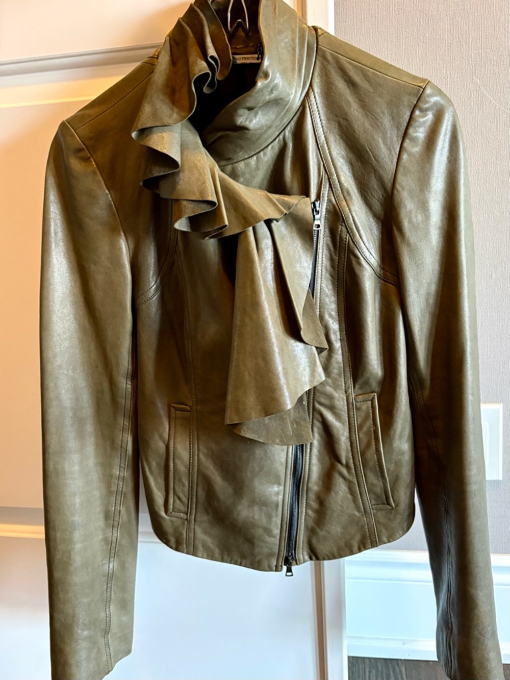 Diane Von Furstenberg Olive Ruffle-Front Leather Jacket